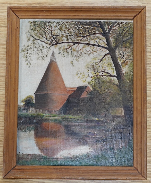 From the Studio of Fred Cuming. Late 19th / early 20th C. Primitive oil on board, Oast House, unsigned, 25 x 19cm. Condition - fair, a little dirty